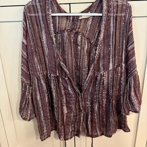 Altar'd State Plum Striped Boho Tie-Front Blouse
